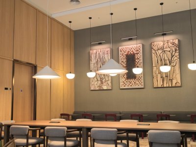 Communal wood-panel workspace