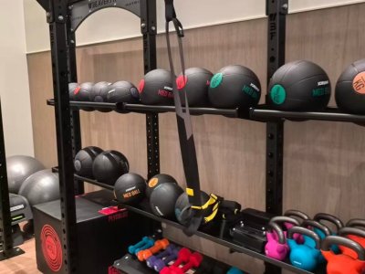 Communal gym equipment; detail view
